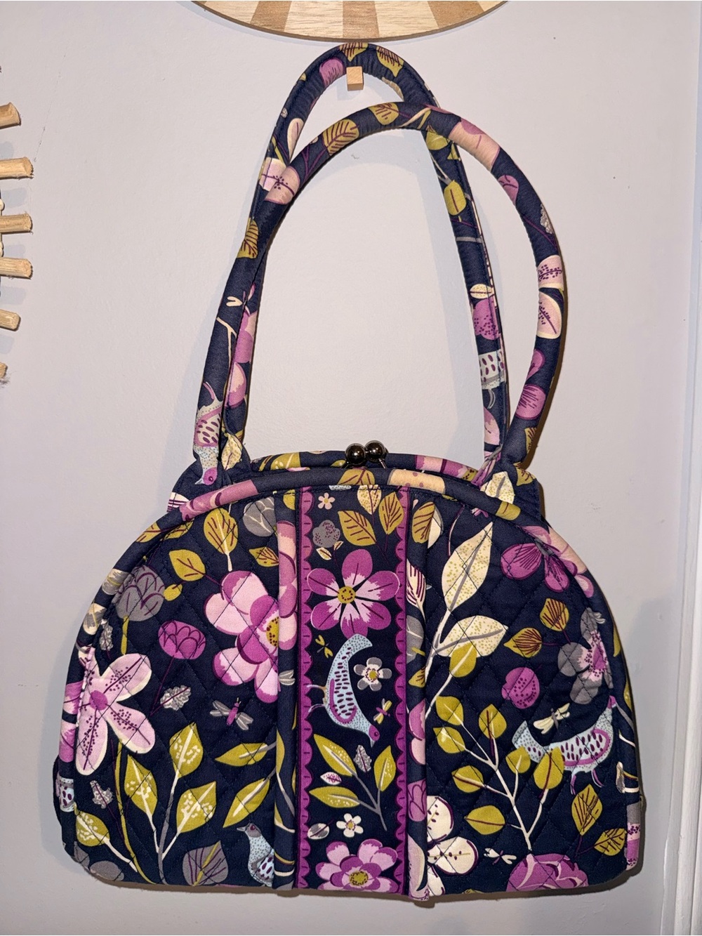 Vera Bradley Floral Nightingale Kisslock Satchel Handbag Navy Purple Birds